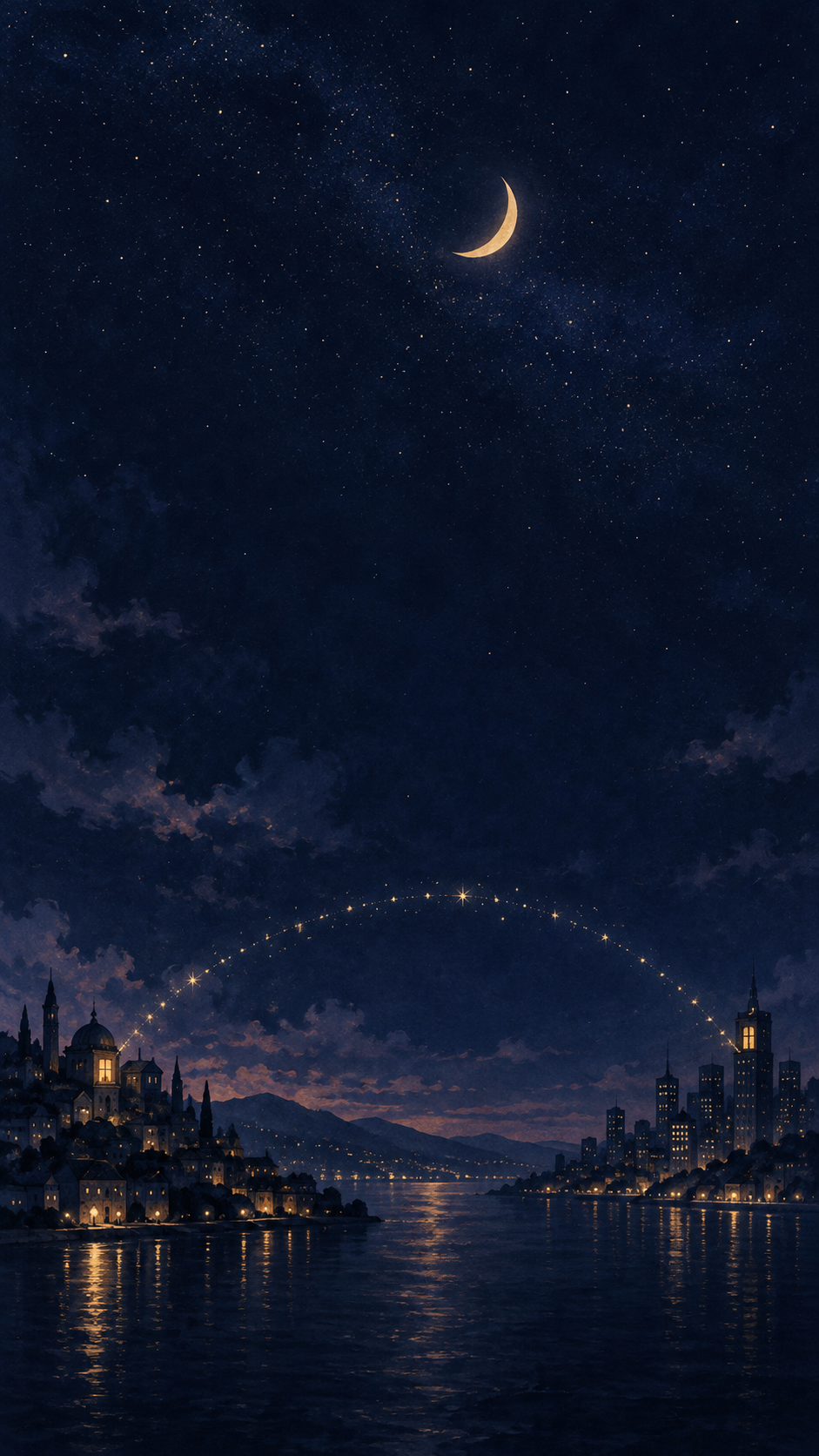 Two distant places beneath the same glowing night sky